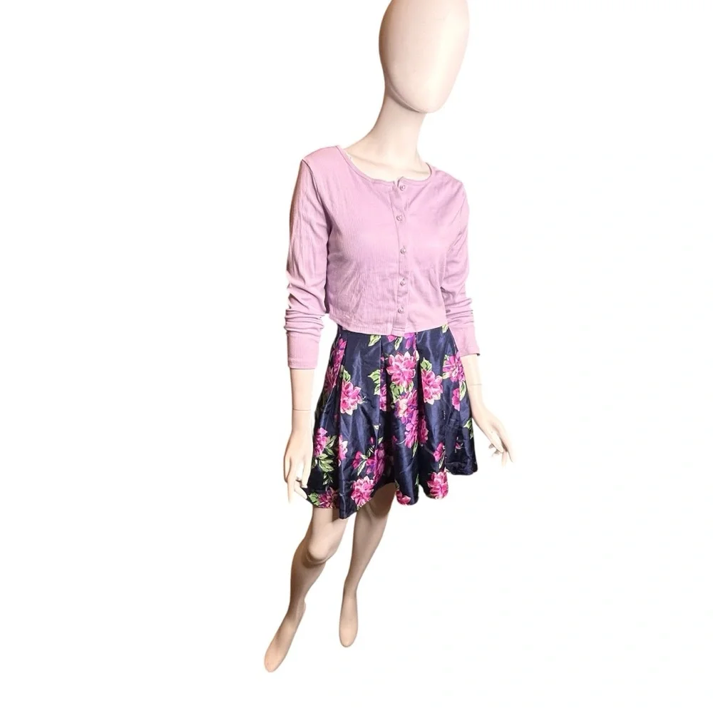 Sequin Hearts Juniors Size 5 Pleated Floral Mini Prom Skirt Blue Pink 3 Layers